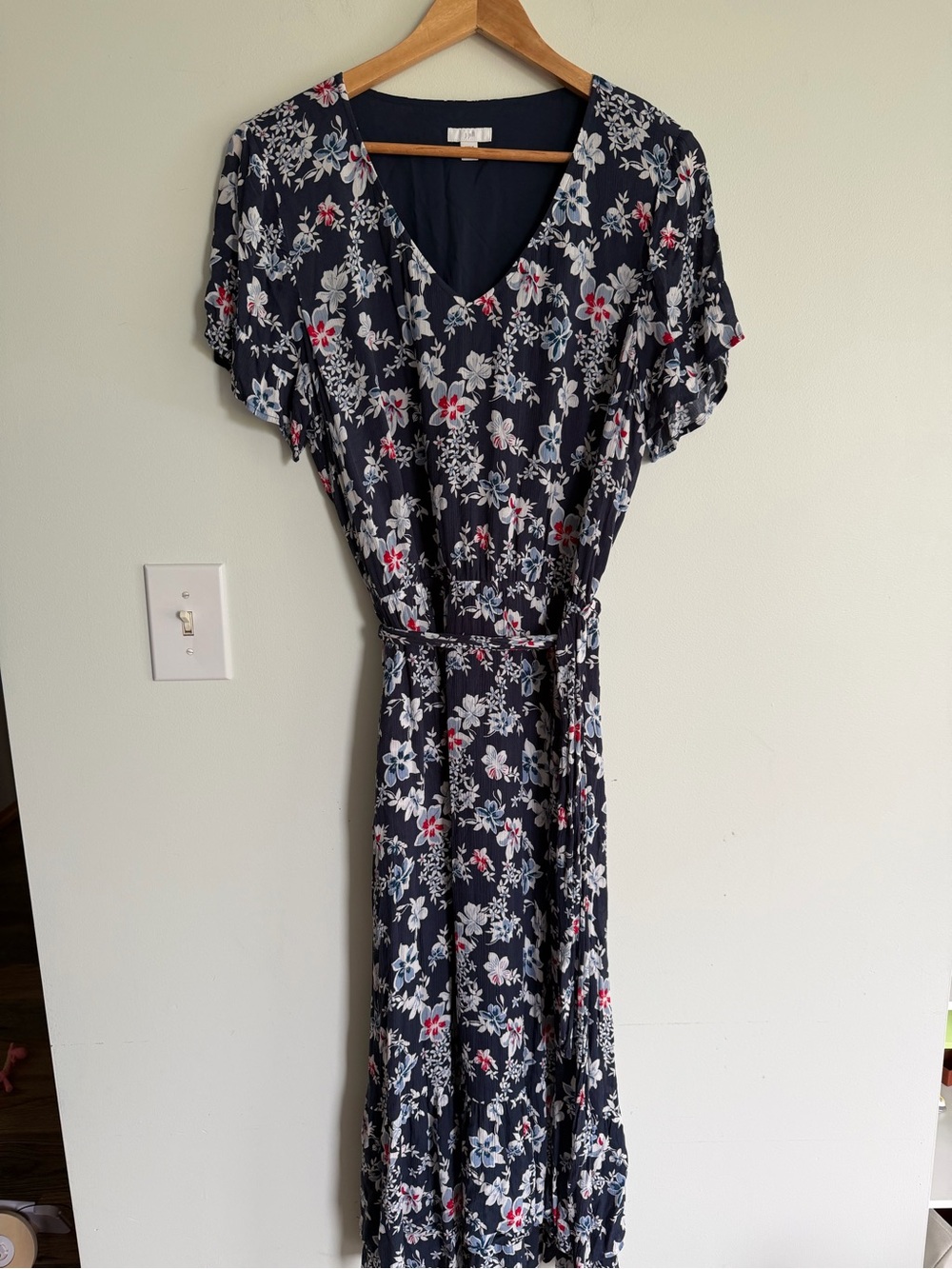 J. Jill Navy Floral V-Neck Maxi Dress with Tie